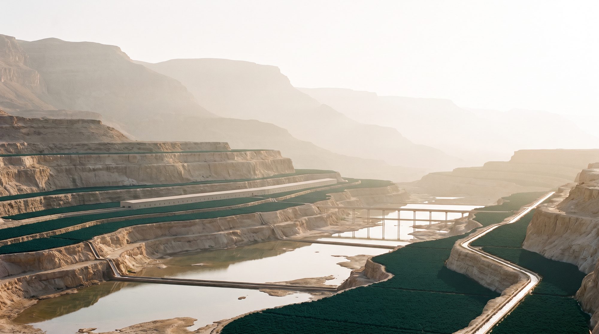 Terraced basin under low sun, stacked strata separated by haze